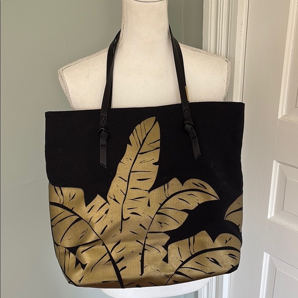 Foley & Corinna Black Gold Leaf Print Tote Bag Canvas metallic - Picture 1 of 4